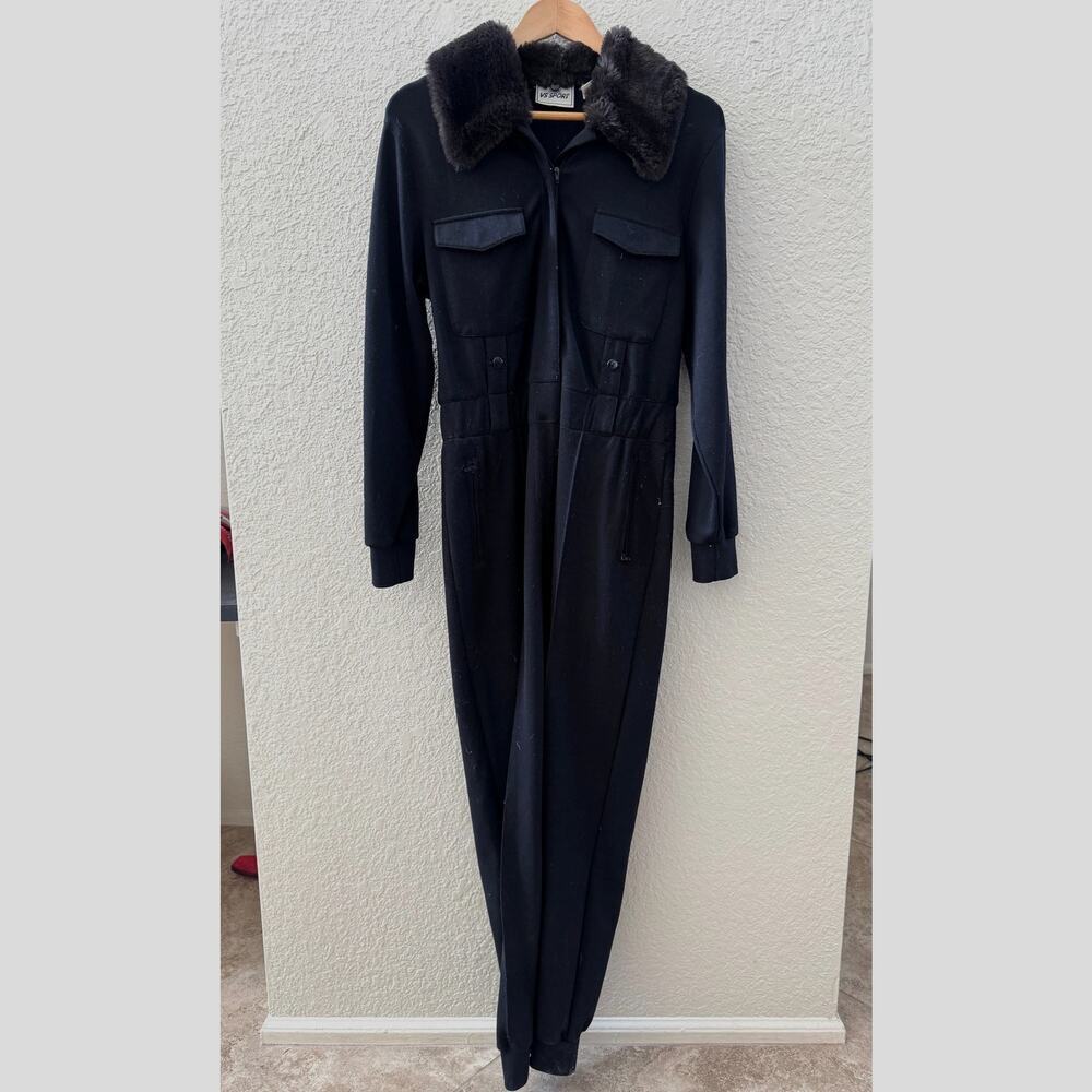 Vintage 1980s/90s VS Sport Black Knit Fur Collar Winter Jumpsuit